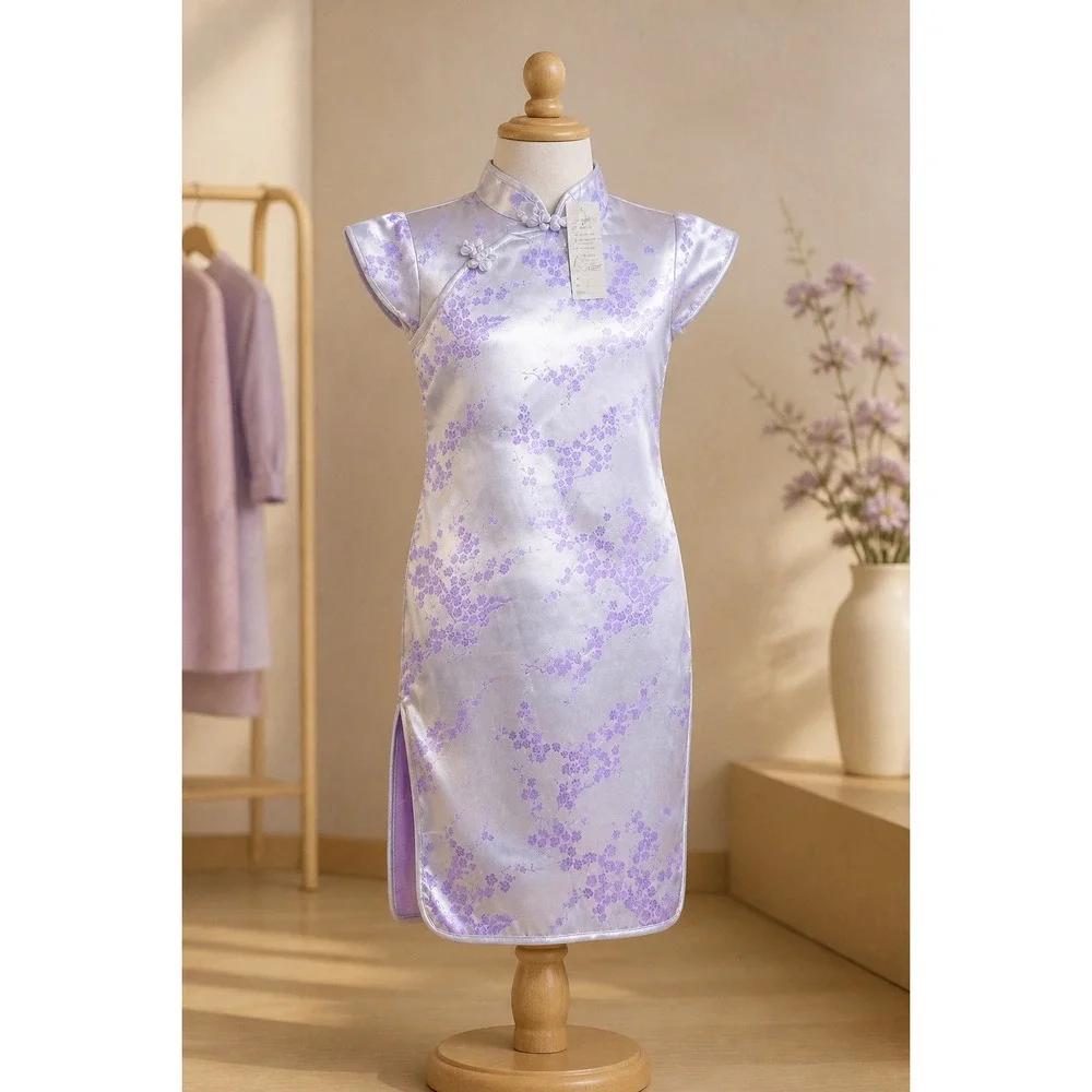 Qian Se Girls Lavender Purple Floral Brocade Cheongsam Qipao Dress Size‎ 12 NEW